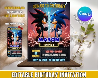 Sonic Birthday Invitation, Sonic Party Invite, Sonic Party Invitation, Editable Sonic Invite Template, Sonic Canva Template, Sonic Digital