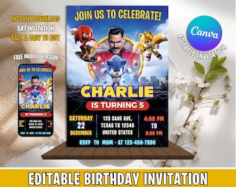 Sonic Birthday Invitation, Sonic Party Invite, Sonic Party Invitation, Editable Sonic Invite Template, Sonic Canva Template, Sonic Digital