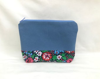 Zipper Pouch/Cosmetic Bag/Makeup Bag/Travel Pouch Essential Pouch in Denim Blue & Floral