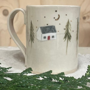 Large Handmade Stoneware Mug / Cute Illustrated Cottage in wood / Cottage Core Mug/Winter Mug/ woodland creatures/ Illustration Christmas