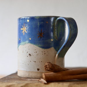 Large Handmade Stoneware Mug / Luxury Mug with 24K Gold Stars / birthday Mug /Winter Mug/ Starry Night Mug/ handmade anniversary mug