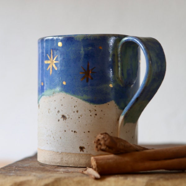 Large Handmade Stoneware Mug / Luxury Mug with 24K Gold Stars / birthday Mug /Winter Mug/ Starry Night Mug/ handmade anniversary mug