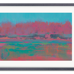 Puede incluir: Pintura abstracta con un esquema de color rosa, azul y verde. La pintura representa un paisaje con una línea de horizonte y un bosque en el fondo.