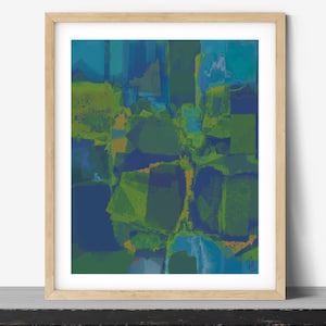 Abstract Geometric Painting, Printable Wall Art, Colorful Contemporary Modern Wall Decor, with Green and Blue Colors and Orange Highlights