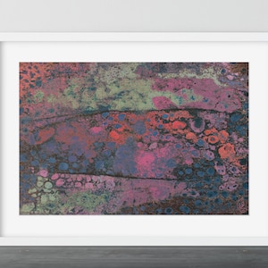 May include: Abstract painting with a textured, layered look. The colors are mostly pink, purple, and blue, with hints of green and brown. The painting has a mottled, speckled appearance.