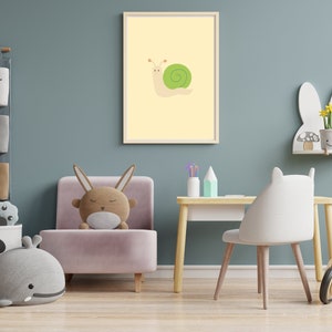 May include: A light pink children's armchair with a brown bunny plush toy sitting on the seat. A white chair with a wooden frame sits at a wooden desk with a white top. A white shelf with a bunny rabbit design holds a potted plant with yellow flowers. A framed print with a cartoon snail on a yellow background hangs on the wall.