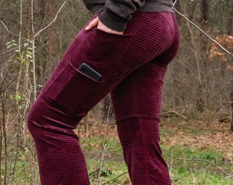 MTO: Leggings Leggins mit Taschen / Schlag / Fein Cord / bordeaux weinrot dunkelrot