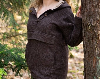 Wool hooded sweater hemp - dark brown melange wool sweater sweater with large hood