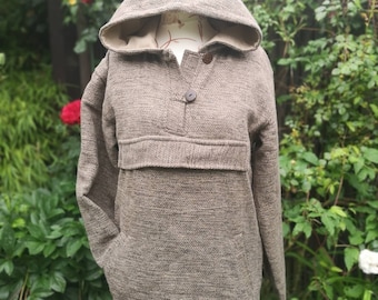 Wool hoodie hemp - beige brown mottled wool pullover sweater with a large hood