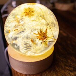 May include: A clear glass sphere with dried flowers and delicate tendrils encased in resin, illuminated from within. The sphere sits on a wooden base.