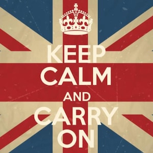 May include: A vintage-style poster with a Union Jack flag background. The poster features the text "Keep Calm and Carry On" in white letters with a crown above the text.