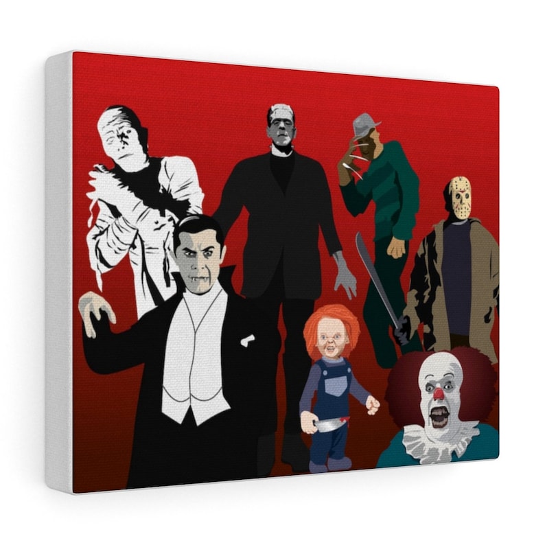 Available in Three SIzes.Great Gift For Any Horror Movie Fan. Seven Stars From Horror Films Reunite For This Reunion on a Canvas Wall Board