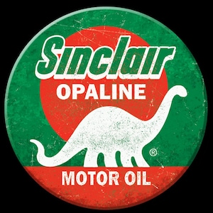May include: Round, vintage-style sign with a green and red background. The sign features the Sinclair logo in white, the word OPALINE, and a white dinosaur silhouette. The words MOTOR OIL are at the bottom. The sign has a distressed, aged appearance.