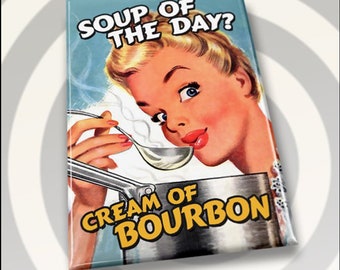 Imán de crema de bourbon: humor retro de cocina, acabado brillante (2x3)