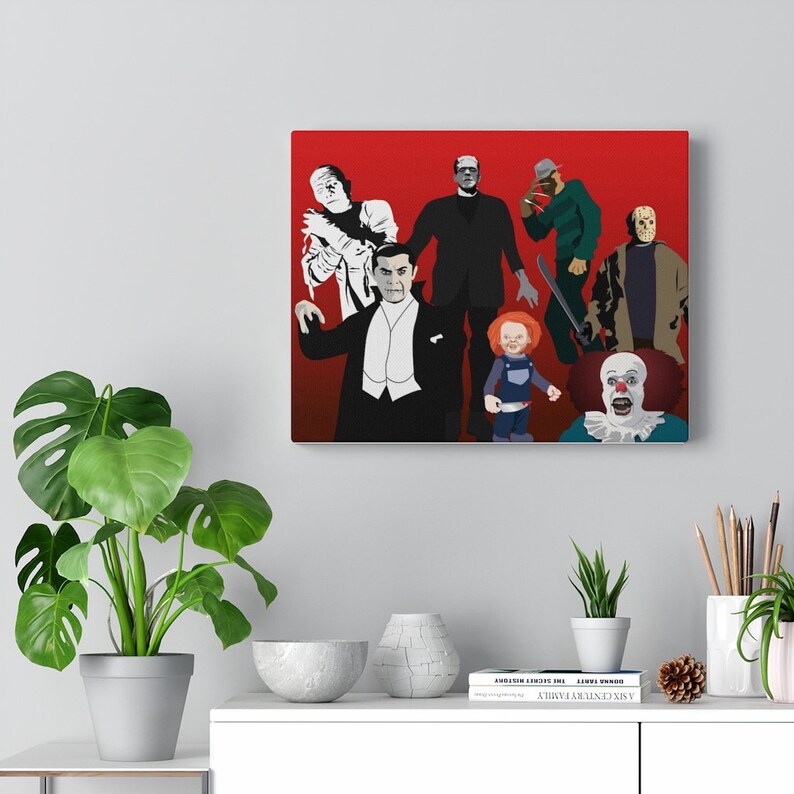 Available in Three SIzes.Great Gift For Any Horror Movie Fan. Seven Stars From Horror Films Reunite For This Reunion on a Canvas Wall Board