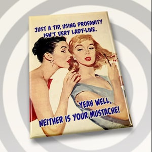 Funny Refrigerator Magnet: Profanity/Mustache - Retro Glossy Metal (2x3)