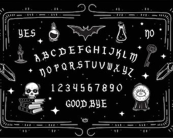 May include: Black and white Ouija board design with the words "YES" and "NO". The board features the alphabet, numbers, and various mystical symbols like a skull, key, and crystal. The words "GOOD BYE" are also present.
