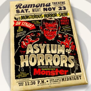 Asylum Of Horrors, Frankenstein Monster. On A 2x3 Refrigerator Magnet with Glossy Finish and Metal Construction