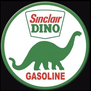 May include: A white circle with a green dinosaur silhouette and the text "Sinclair DINO" in red and white. The text "GASOLINE" is in red at the bottom of the circle.