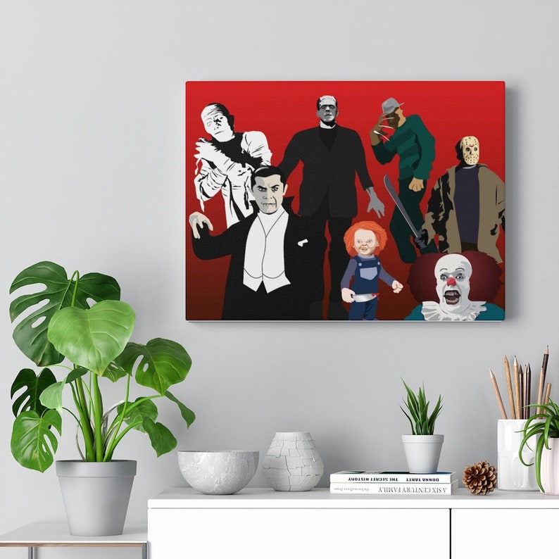 Available in Three SIzes.Great Gift For Any Horror Movie Fan. Seven Stars From Horror Films Reunite For This Reunion on a Canvas Wall Board