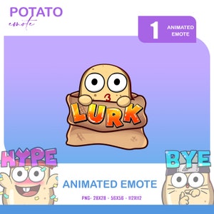 May include: Animated emote of a potato character peeking out of a brown sack with the word "Lurk" written on it in orange and yellow letters. The potato has big eyes and a pink nose. The emote is labeled "Animated Emote" and "PNG - 28X28 - 56X56 - 112X112".