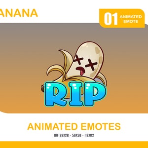May include: Animated GIF emote of a banana with a sad face and the words "RIP" in blue letters. The banana is lying on its side and has a yellow peel. The background is a gradient of orange and yellow.