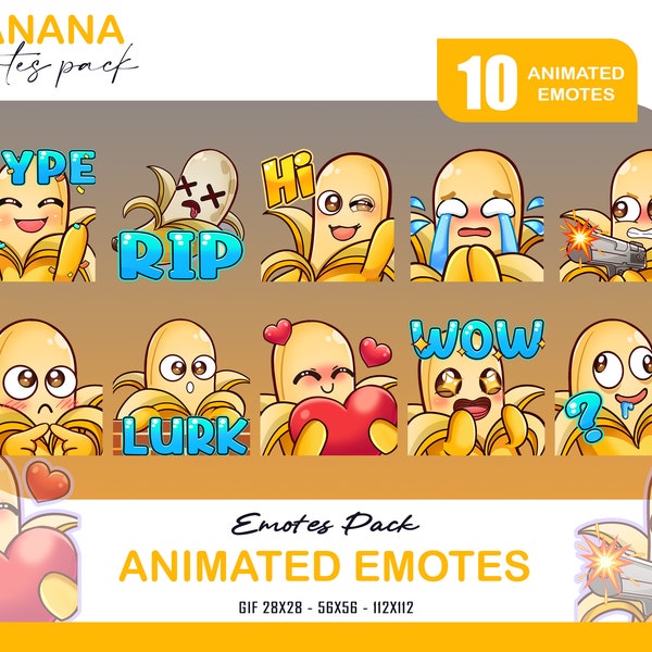 10 Banana Animated Emotes Pack, Animated Love, Lurk Banana Twitch Discord Youtube Emotes, Hi, Hype Animated Emotes Pack For Streamer, Gamer