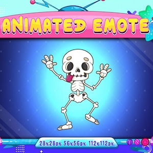 May include: Animated emote of a cartoon skeleton with a pink tongue sticking out, waving with both hands, against a blue background with a pink and blue television frame. The text "ANIMATED EMOTE" is at the top of the frame. The text "28x28px 56x56px 112x112px" is at the bottom of the frame.