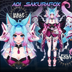 Kitsune Nine-Tailed Fox Live2D Vtuber Model: Blue Pink Version