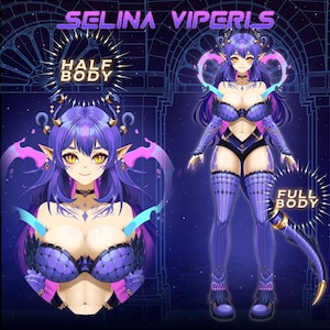 Puede incluir: Ilustración digital de Selina Viperis, un personaje de estilo anime con cabello morado, cuernos y cola de serpiente. La imagen presenta una ilustración de medio cuerpo y cuerpo completo. La paleta de colores incluye morado, azul y rosa.