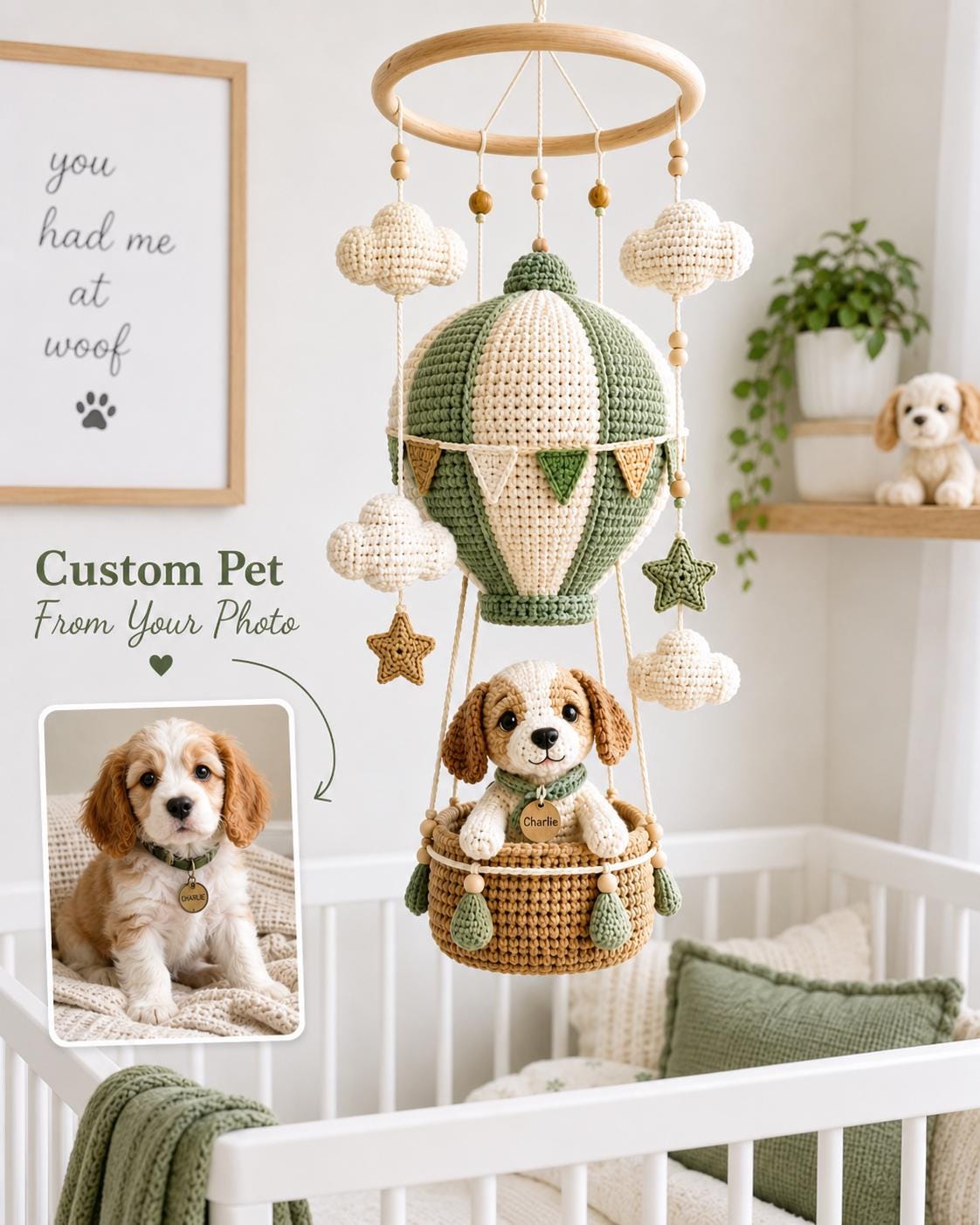 Custom Pet Mobile, Crochet Dog Hot Air Balloon Crib Mobile, Personalized Pet Nursery Decor, Baby Shower Gift