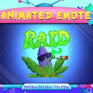 Puede incluir: Emoticono animado de una criatura morada con gafas de sol fumando un porro, llevando una cadena de oro y rodeada de hojas verdes de marihuana. El texto "RAID" está escrito en letras verdes sobre la criatura.
