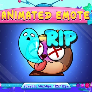 May include: Animated emote featuring a brown bear with a blue ghost hovering over it. The bear has a red X over one eye and a purple eye. The ghost has two white eyes. The bear's mouth is open and it has a red tongue sticking out. The text "RIP" is in blue letters above the bear.