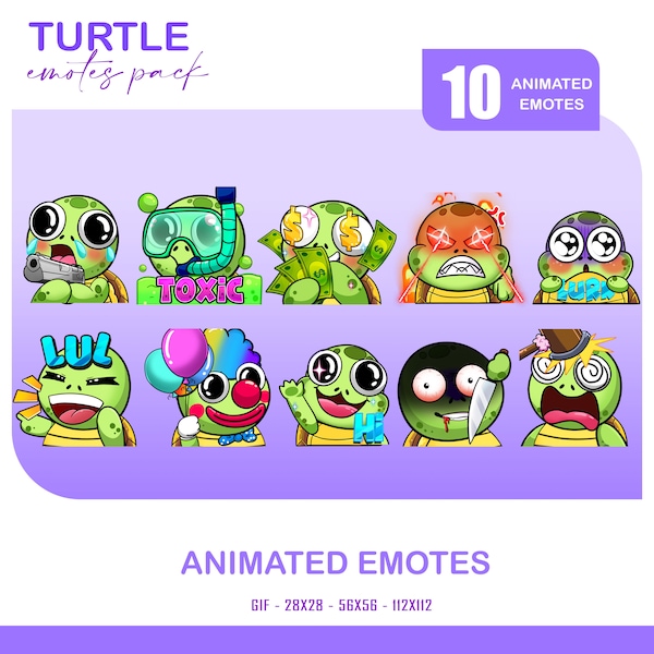 10 Turtle Pack Animated Emotes, Funny Turtle Animated Twitch Discord Youtube Emotes, Cute Turtle Animated Emotes For Streamer, Gamer