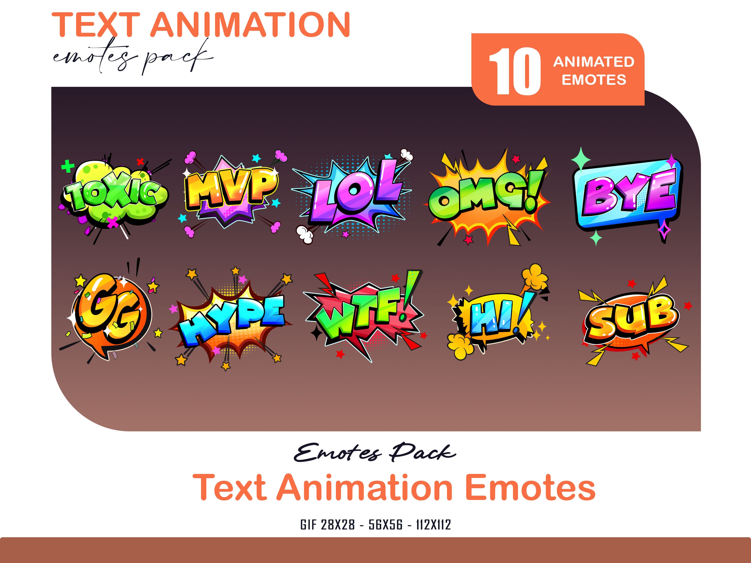 10 Text Pack Animated Emotes, Animated Hype, Hi, Bye Twitch Discord Youtube Emotes Pack, GG, SUB