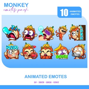 10 Monkey Pack Animated Emotes, Funny Monkey With Banana Animated Twitch Discord Youtube Emotes, Monkey Animated Emotes For Streamer, Gamer
