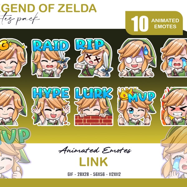 10 Emotes animées Legend of Zelda, GG, Lurk Zelda Twitch Discord Youtube Emotes, Hype, Rage Legend of Zelda Emotes animées pour Streamer