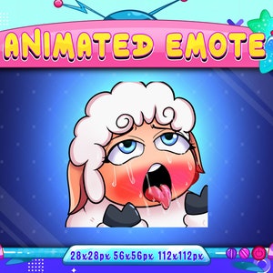May include: Animated emote of a sheep with a pink face, blushing, and its tongue sticking out. The sheep has white fur and a black bow tie. The emote is set against a blue background with a pink frame and the text "ANIMATED EMOTE" at the top.