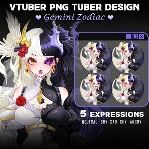 Puede incluir: Una ilustración digital de un personaje de VTuber con cabello negro y blanco, vistiendo un atuendo blanco y negro con alas de ángel y demonio. El personaje tiene cinco expresiones diferentes: neutral, tímido, triste, tímido y enojado. La imagen incluye el texto "VTUBER PNG TUBER DESIGN Gemini Zodiac 5 EXPRESSIONS NEUTRAL SHY SAD SHY ANGRY"
