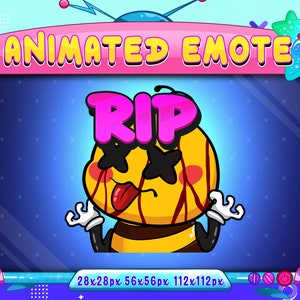 May include: Animated emote of a yellow bee with red blood dripping from its eyes. The bee has a pink "RIP" on top of its head and its tongue is sticking out. The emote is set against a blue background with a pink television screen frame.