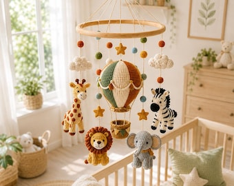 Safari babymobiel, wiegmobiel met heteluchtballon, gehaakte jungle babykamerdecoratie, mobiel met leeuw, giraffe, zebra en olifant