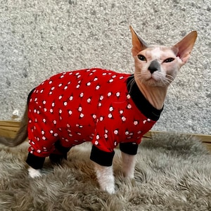 May include: A hairless cat wearing a red and white floral print onesie. The onesie has black trim around the neck and sleeves.