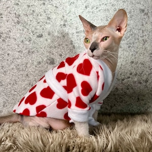 May include: A hairless cat wearing a white and red heart-patterned robe. The robe has a white sash.
