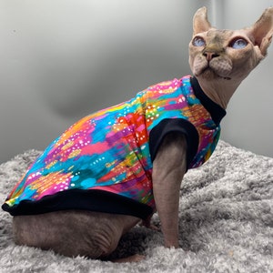 Rainbow Sphynx Cat Jumper: Stretchy Jersey Cotton, Small Dog Outfit