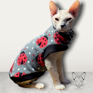Puede incluir: Un gato Sphynx con un suéter de forro polar gris decorado con mariquitas rojas y lunares blancos. El suéter tiene ribetes negros. El gato está sentado y mirando a la cámara. El suéter está diseñado para gatos.