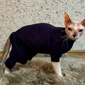 May include: A hairless cat wearing a purple and black leopard print jumpsuit. The cat is standing on a light brown fluffy rug.