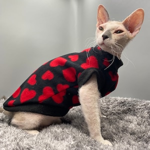 Sphynx Cat Fleece Sweater: Heart Print, Cat Clothes