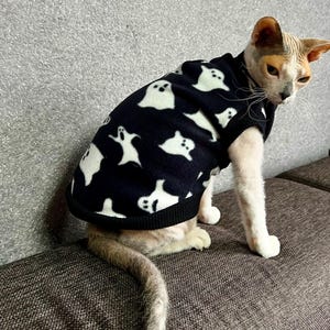 May include: A Sphynx cat wearing a black hooded sweater with a white ghost pattern. The cat is sitting on a brown couch, with its tail curled. The sweater has a ribbed hem and cuffs.