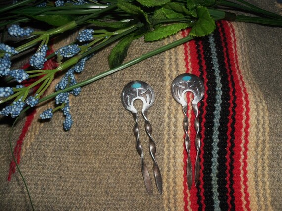 Vintage 2pcs Sterling Silver Hopi overlay Hairpins