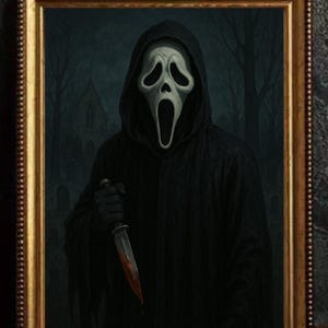 May include: A painting of a figure wearing a black hooded robe and a white ghost mask holding a bloody knife. The figure is standing in a dark, wooded area with a church in the background.